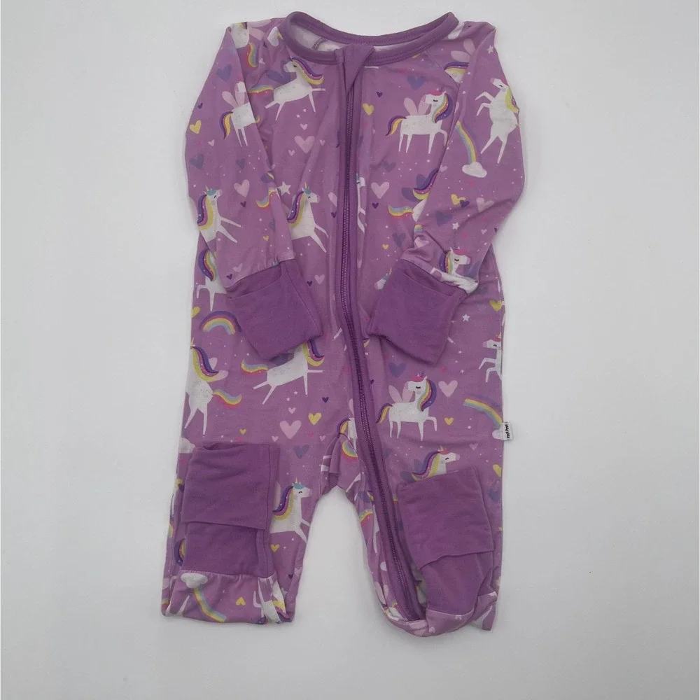 Little Sleepies‎ 3-6 Months Purple Unicorn Rainbow Zip Pajamas Romper Kids
